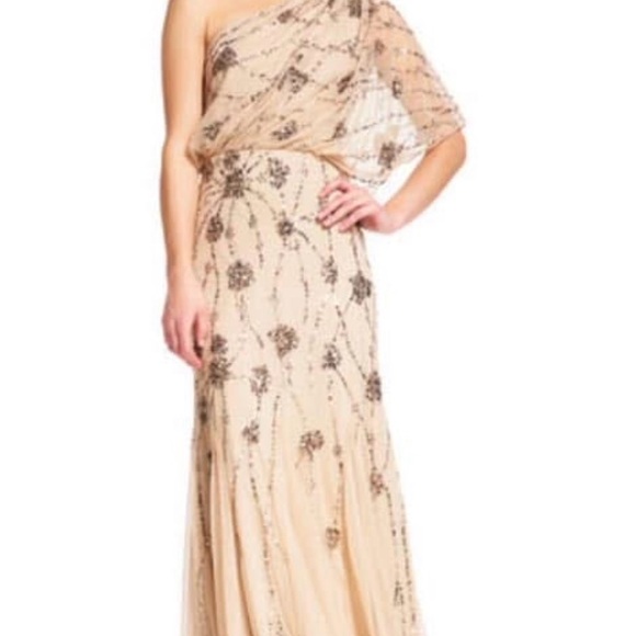 Adrianna Papell One Shoulder Dress in Cream and Gold - Picture 1 of 4
